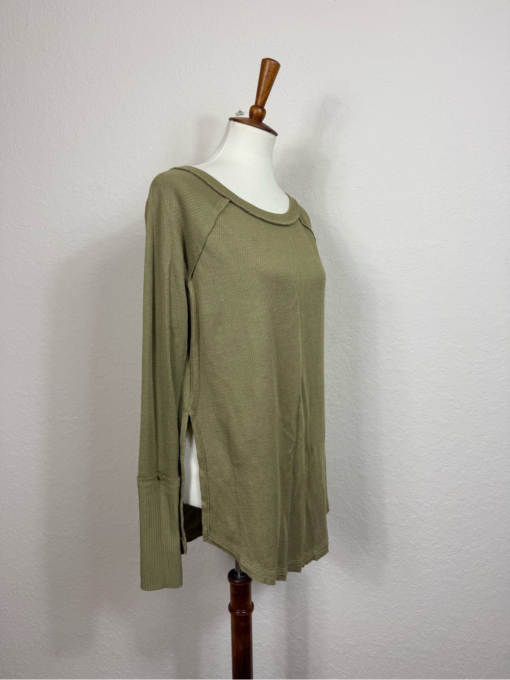 We The Free Olive Green Ribbed Knit Side Slit Long Sleeve Tunic